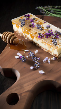 Lavender cheesecake with honey on a wooden cutting board.の素材