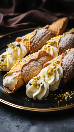 Creamy vanilla ice cream in waffle cones with pistachios on dark background.の素材