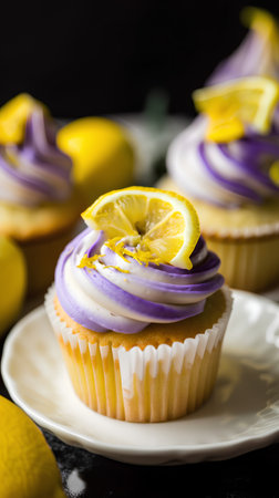 Lemon cupcakes with purple icing and fresh lemons on a black background.の素材