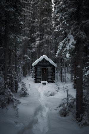 Wooden hut in the middle of a snowy forest. Winter landscapeの素材