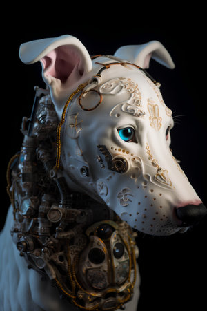Portrait of a dog in a steampunk costume isolated on black backgroundの素材