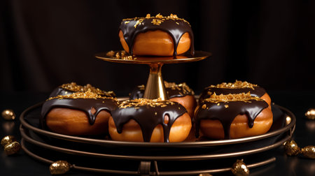 Chocolate glazed donuts on a metal stand on a black backgroundの素材