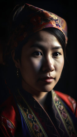 Portrait of a beautiful Asian woman wearing a traditional costume on black backgroundの素材