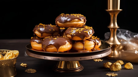 Chocolate eclairs with caramel glaze on a black backgroundの素材