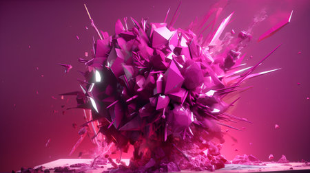 3d render of abstract explosion with broken glass on purple background.の素材