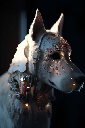 Portrait of a white dog in a carnival mask on a black backgroundの素材