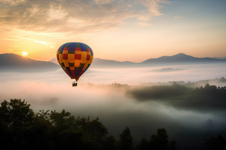 Hot air balloon flying over the misty mountain valley at sunrise.の素材