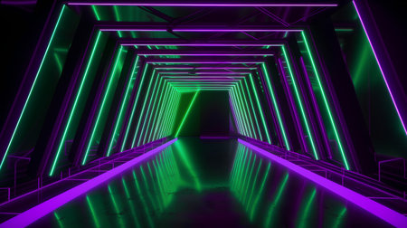 Futuristic dark corridor with neon lights. 3D rendering.の素材