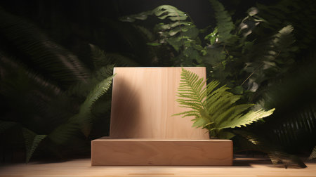 Wooden product display stand with tropical leaves in dark room. 3D renderingの素材