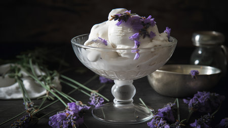 Vanilla ice cream with lavender flowers in a glass vaseの素材