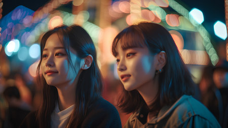 Beautiful young asian women walking in the city at night.の素材