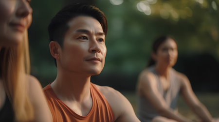 Portrait of a young Asian man and woman practicing yoga in the parkの素材