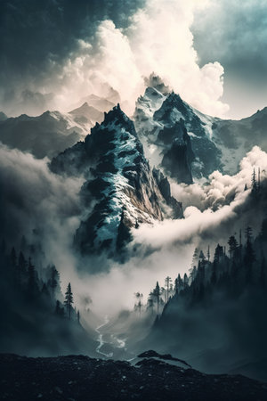Foggy morning in the mountains. Dramatic scene. Beauty world.の素材