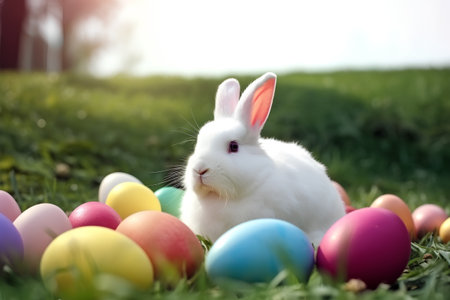 Cute white rabbit with colorful easter eggs on green grass.の素材