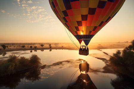 Hot air balloon flying over the river at sunrise. 3d renderの素材