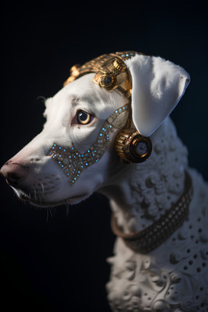 White dog with golden headband on dark background. Studio shot.の素材