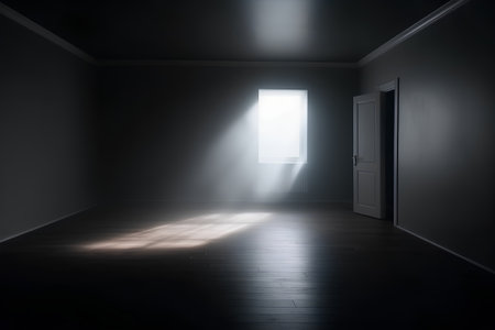 Dark empty room with door and light coming from the window. 3d renderの素材