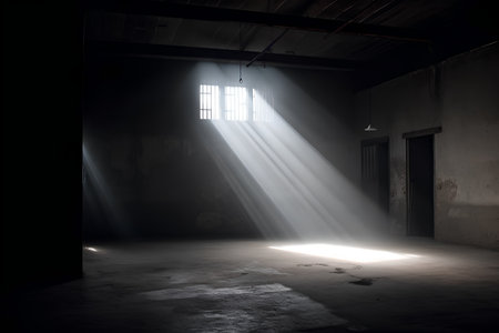 Abandoned industrial interior with rays of light and smoke in the darkの素材