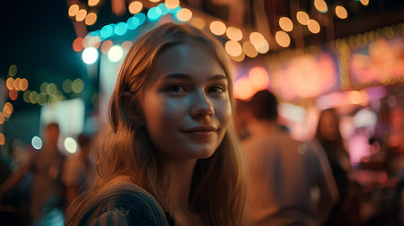 Portrait of a beautiful girl on the background of the night city.の素材