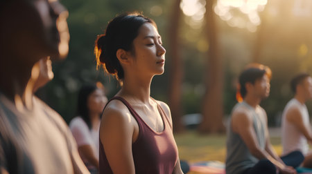Group of Asian people practicing yoga in the park. Healthy lifestyle concept.の素材