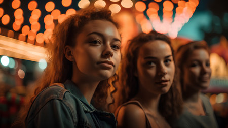 Portrait of two beautiful young women in the city at night.の素材