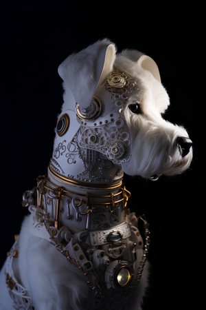 White Terrier dog in medieval armor on black background. Studio shot.の素材