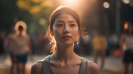 Portrait of beautiful asian woman in the city at sunset.の素材