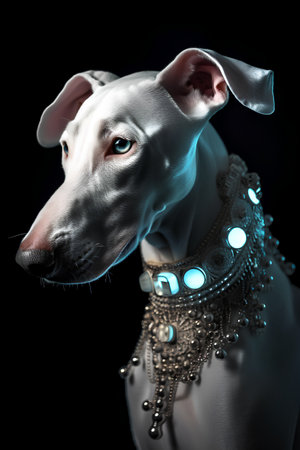 Portrait of a greyhound dog wearing a necklace on black backgroundの素材