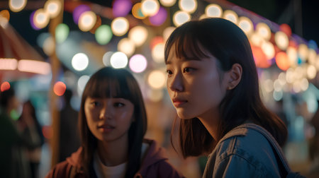 two asian girls walking in the city at night, lifestyle conceptの素材