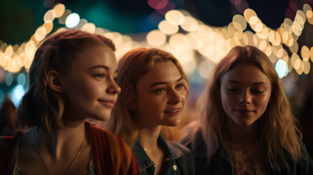 Group of young women looking at camera in the city at night.の素材