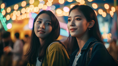 two beautiful asian women walking in the city at night with bokeh backgroundの素材