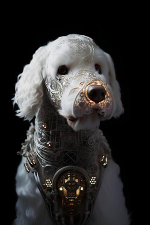 Portrait of a dog in a medieval armor. Black background.の素材