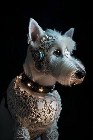 Portrait of a West Highland White Terrier in a silver costume.の素材