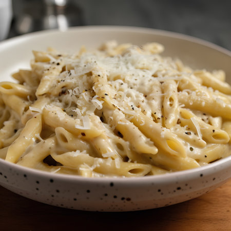 Close up of a bowl of penne pasta with parmesan cheeseの素材