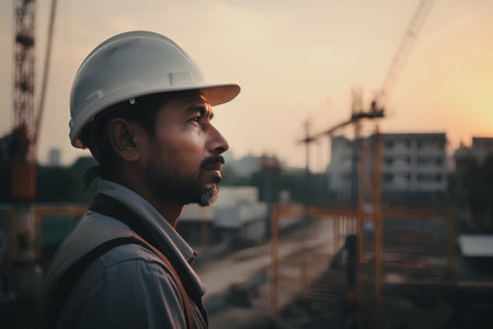 Portrait of Asian engineer wearing safety helmet on construction site background.の素材