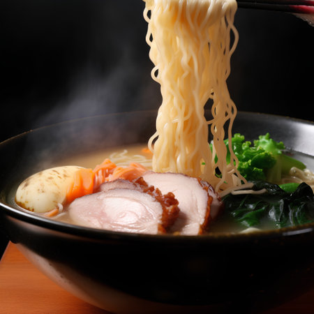 Japanese ramen noodle soup with pork and vegetables on black backgroundの素材