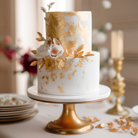 Wedding cake decorated with gold and white flowers on the tableの素材