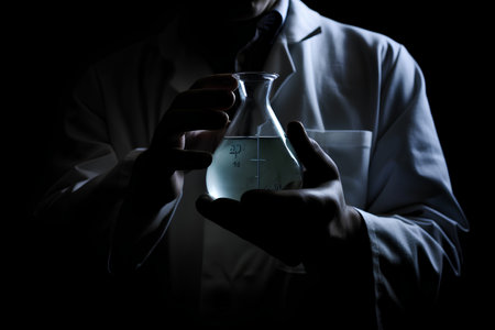 Laboratory glassware with blue liquid in scientist hand on dark backgroundの素材