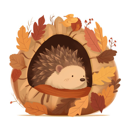 Hedgehog in an egg shell with autumn leaves. Vector illustration.の素材