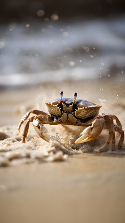 Close-up of a crab on a sandy beach. Selective focus.の素材