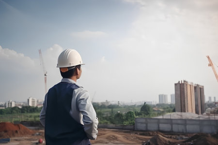 engineer wearing a white hard hat on construction site with blue skyの素材