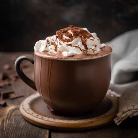 Hot chocolate with whipped cream in a brown cup on a dark backgroundの素材