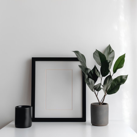 Black frame mockup with ficus in a pot on a white tableの素材