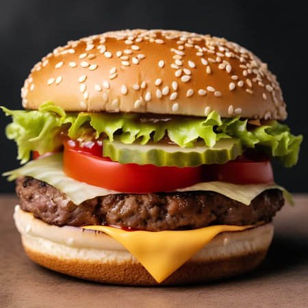 Hamburger with cheese, tomato and lettuce on a black backgroundの素材