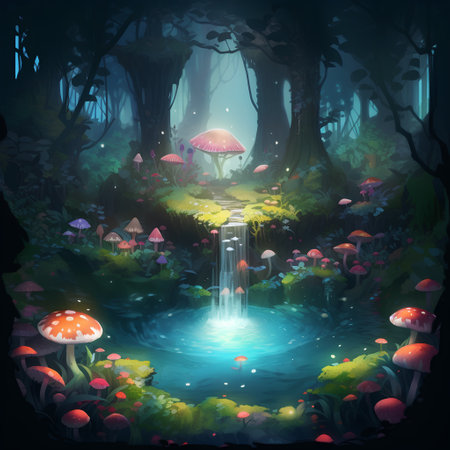 Fantasy forest with waterfall and mushrooms in the night. Vector illustration.の素材