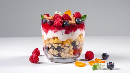 Healthy breakfast with yogurt, muesli and berries in glassの素材