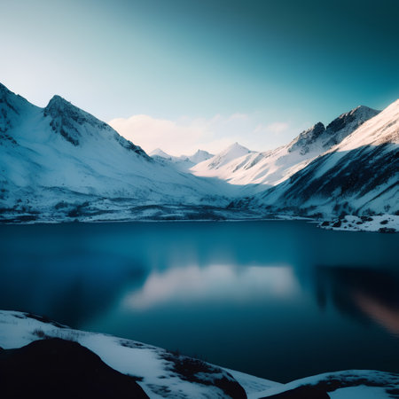 Beautiful winter landscape with mountains and blue lake. Toned.の素材