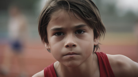 young boy running on a track and field track and field in summerの素材
