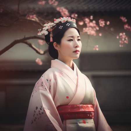 Beautiful asian woman in kimono with cherry blossomの素材