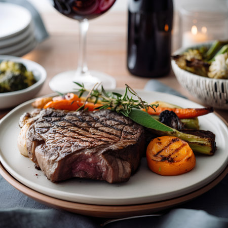 Grilled beef steak with vegetables and herbs on a plate. Restaurantの素材